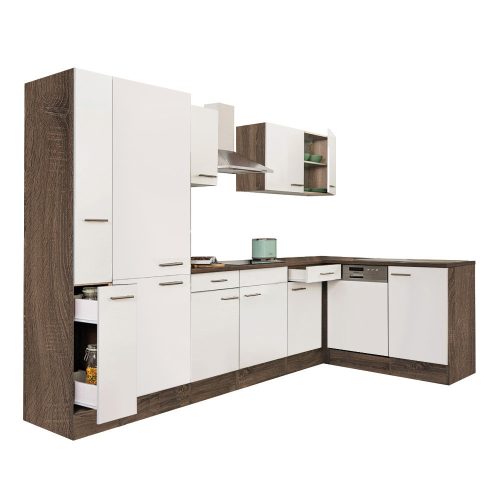 Yorki 310 sarok konyhabútor yorki tölgy korpusz,selyemfényű fehér fronttal polcos szekrénnyel