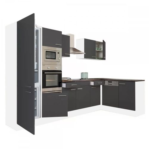 Yorki 340 sarok konyhabútor fehér korpusz,selyemfényű antracit fronttal alulagyasztós hűtős szekrénnyel