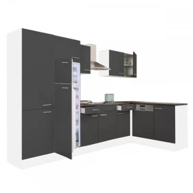 Yorki 340 sarok konyhabútor fehér korpusz,selyemfényű antracit fronttal polcos szekrénnyel és felülfagyasztós hűtős szekrénnyel