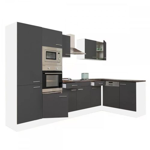 Yorki 340 sarok konyhabútor fehér korpusz,selyemfényű antracit fronttal polcos szekrénnyel