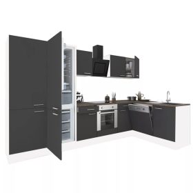Yorki 340 sarok konyhabútor fehér korpusz,selyemfényű antracit front alsó sütős elemmel polcos szekrénnyel, alulfagyasztós hűtős szekrénnyel