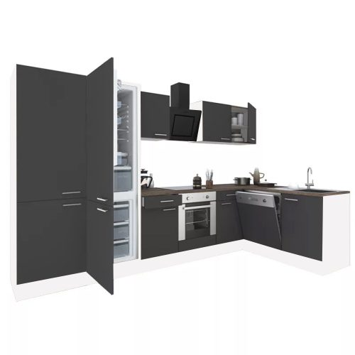 Yorki 340 sarok konyhabútor fehér korpusz,selyemfényű antracit front alsó sütős elemmel polcos szekrénnyel, alulfagyasztós hűtős szekrénnyel