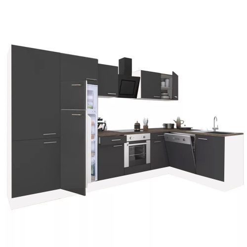 Yorki 340 sarok konyhabútor fehér korpusz,selyemfényű antracit front alsó sütős elemmel polcos szekrénnyel, felülfagyasztós hűtős szekrénnyel