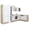 Yorki 340 sarok konyhabútor sonoma tölgy korpusz,selyemfényű fehér front alsó sütős elemmel polcos szekrénnyel, alulfagyasztós hűtős szekrénnyel
