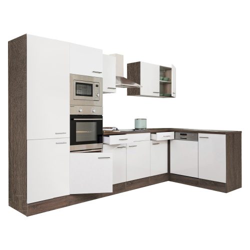 Yorki 340 sarok konyhabútor yorki tölgy korpusz,selyemfényű fehér fronttal polcos szekrénnyel