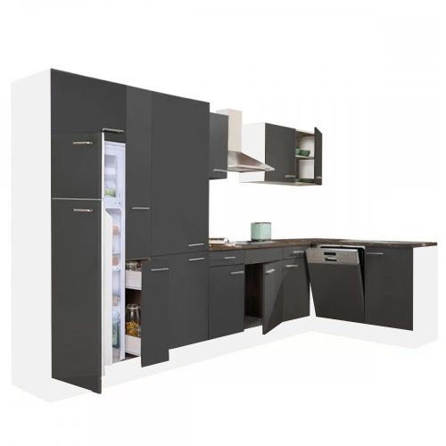 Yorki 370 sarok konyhabútor fehér korpusz,selyemfényű antracit fronttal polcos szekrénnyel és felülfagyasztós hűtős szekrénnyel