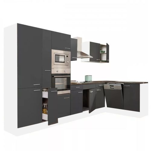 Yorki 370 sarok konyhabútor fehér korpusz,selyemfényű antracit fronttal polcos szekrénnyel