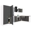 Yorki 370 sarok konyhabútor fehér korpusz,selyemfényű antracit front alsó sütős elemmel polcos szekrénnyel, alulfagyasztós hűtős szekrénnyel