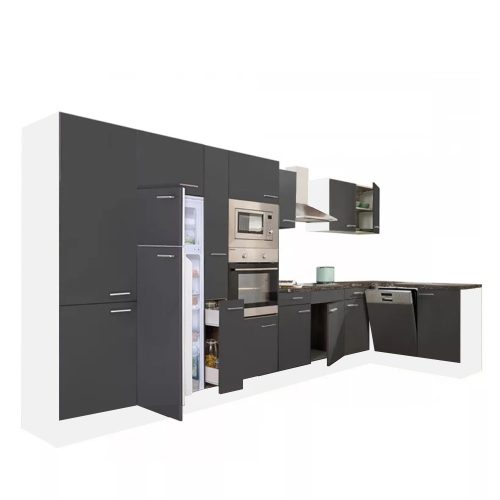 Yorki 430 sarok konyhabútor fehér korpusz,selyemfényű antracit fronttal felülfagyasztós hűtős szekrénnyel