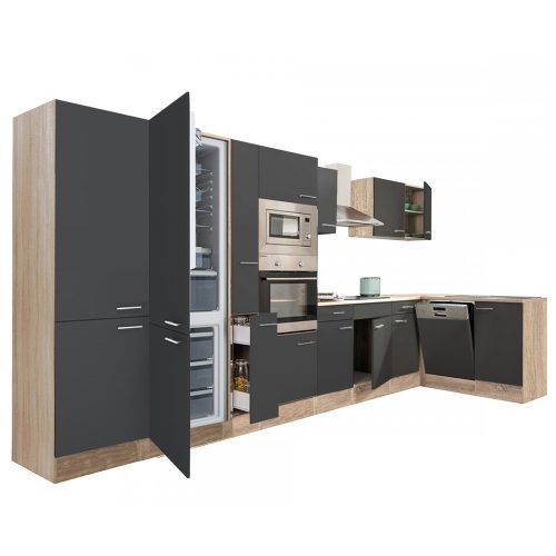 Yorki 430 sarok konyhabútor sonoma tölgy korpusz,selyemfényű antracit fronttal alulagyasztós hűtős szekrénnyel