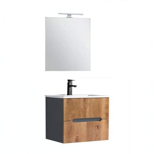Trent Fürdőszobabútor 60 cm kerámia mosdóval (2 fiókos) tükörrel 60x80 cm antracit szürke-sunset tölgy
