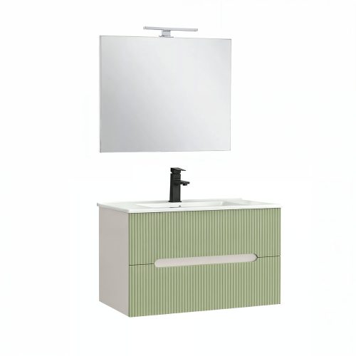Trent Fürdőszobabútor 80 cm kerámia mosdóval (2 fiókos) tükörrel 60x80 cm fehér-pisztáciazöld