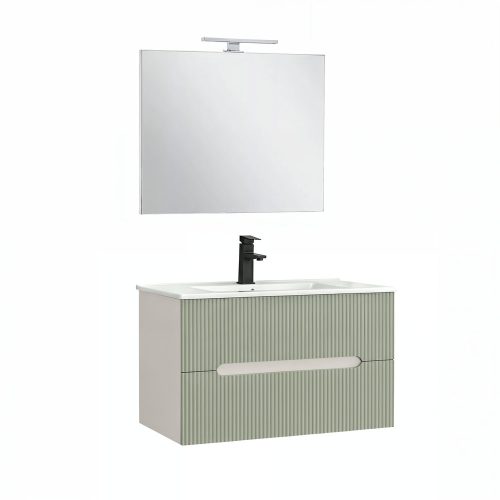 Trent Fürdőszobabútor 80 cm kerámia mosdóval (2 fiókos) tükörrel 60x80 cm fehér-olivazöld