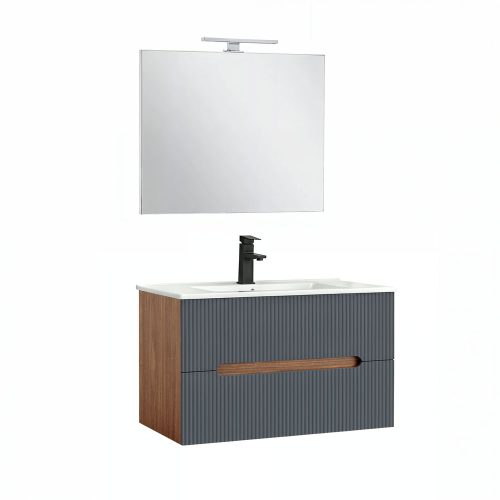 Trent Fürdőszobabútor 80 cm kerámia mosdóval (2 fiókos) tükörrel 60x80 cm sunset tölgy-antracit szürke