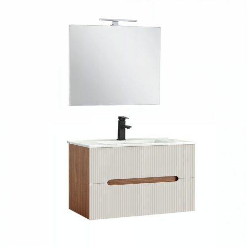 Trent Fürdőszobabútor 80 cm kerámia mosdóval (2 fiókos) tükörrel 60x80 cm sunset tölgy-fehér