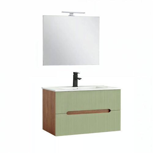Trent Fürdőszobabútor 80 cm kerámia mosdóval (2 fiókos) tükörrel 60x80 cm sunset tölgy-pisztáciazöld