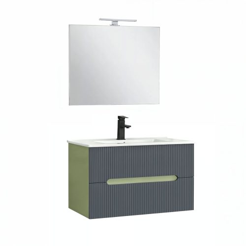 Trent Fürdőszobabútor 80 cm kerámia mosdóval (2 fiókos) tükörrel 60x80 cm pisztáciazöld-antracit szürke