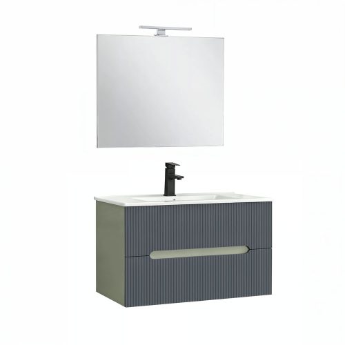 Trent Fürdőszobabútor 80 cm kerámia mosdóval (2 fiókos) tükörrel 60x80 cm olivazöld-antracit szürke
